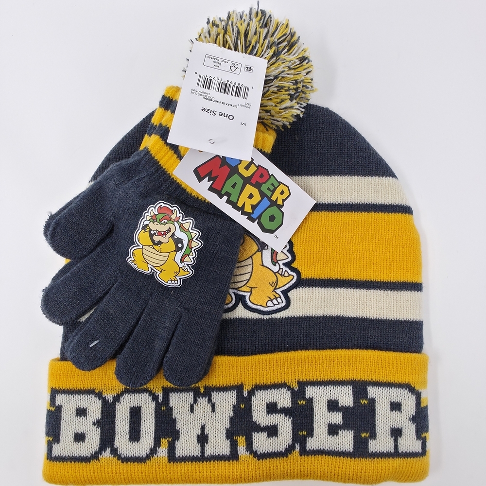 Nintendo Super Mario Bowser Beanie Hat & Gloves Set NWT One Size